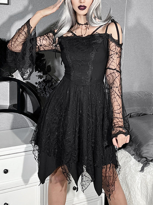 Halloween Gauze Solid Color Split-Joint Spaghetti-Neck Mini Dresses