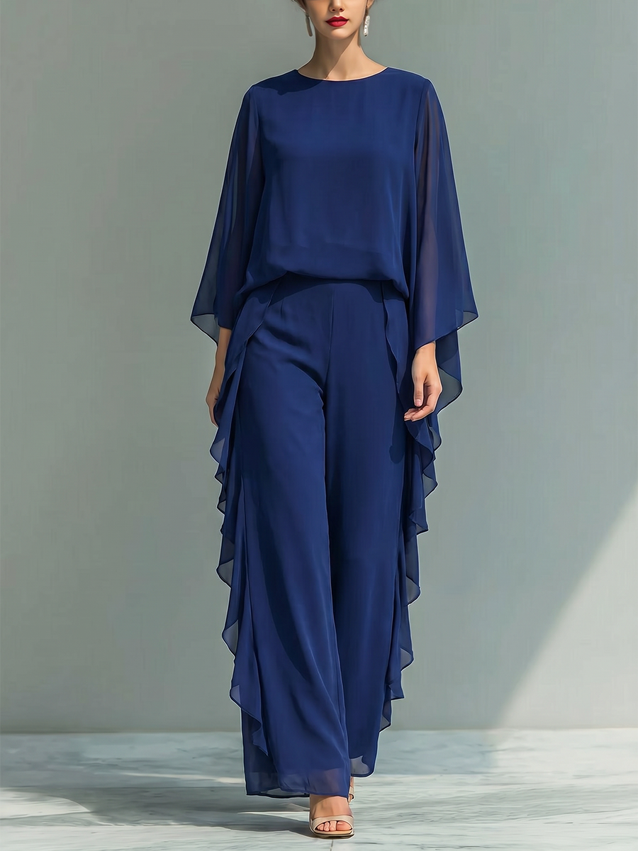 Batwing Sleeves Long Sleeves Ruffled Solid Color Round-Neck Blouses Top + Pants Bottom Two Pieces Set