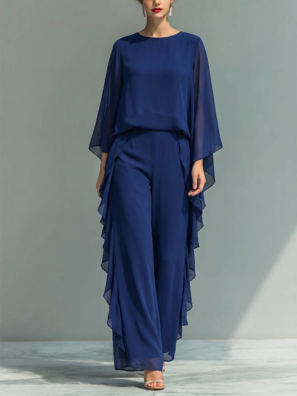 Batwing Sleeves Long Sleeves Ruffled Solid Color Round-Neck Blouses Top + Pants Bottom Two Pieces Set