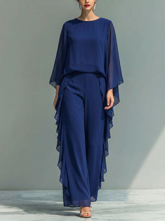 Batwing Sleeves Long Sleeves Ruffled Solid Color Round-Neck Blouses Top + Pants Bottom Two Pieces Set