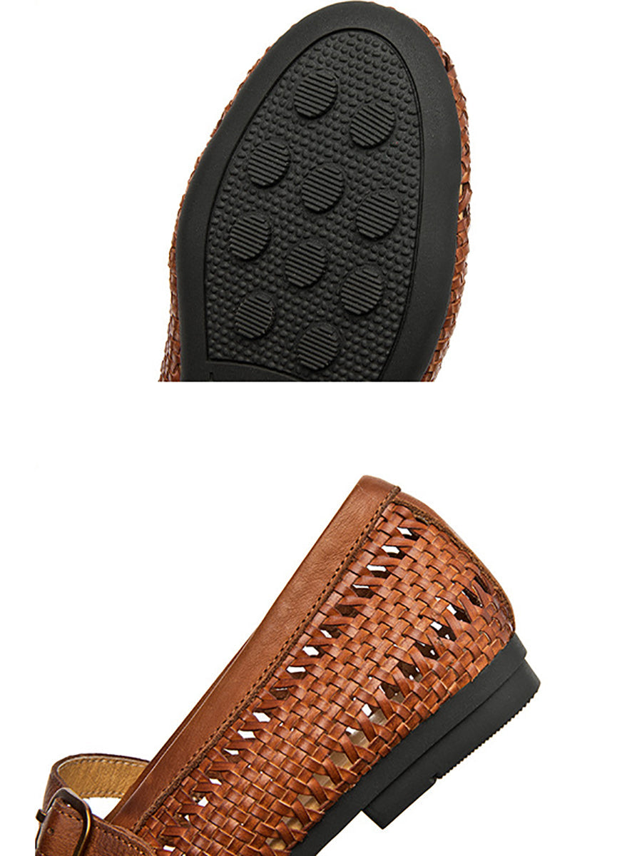 Women Vintage Leather Weave Low Heel Sandals