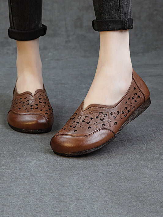 Women Soft Genuine Leather Hollow Out Low Heel Shoes