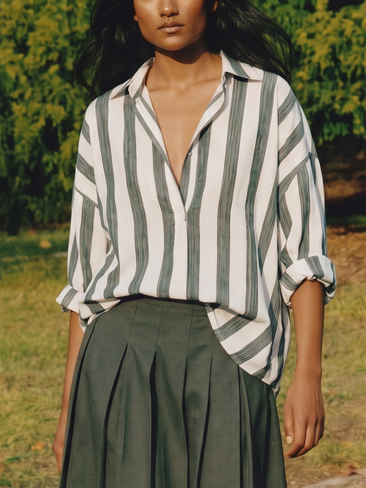Long Sleeves Loose Buttoned Contrast Color Striped Lapel Blouses&Shirts Tops