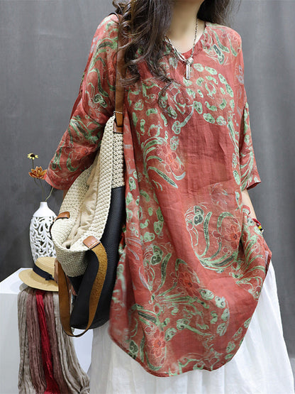 Plus Size Women Summer Vintage Flower Ramie Blouse M-4XL