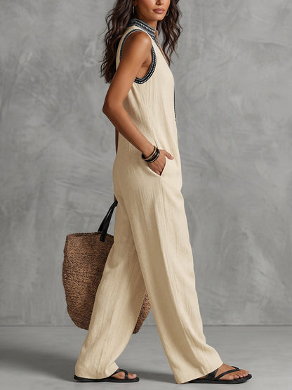 Sleeveless Wide Leg Pockets Solid Color Zipper Stand Collar Jumpsuits