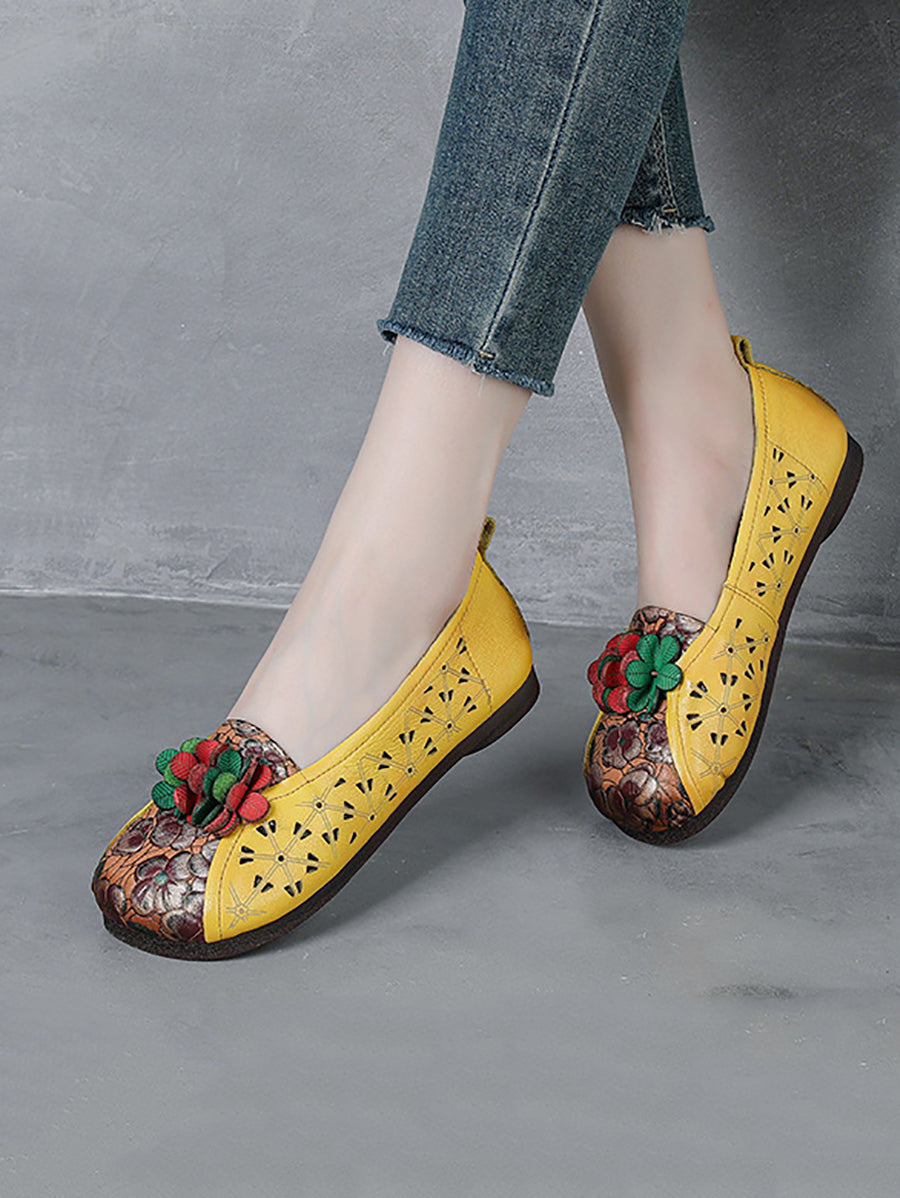 Women Summer Ethnic Flower Leather Spliced Shoes