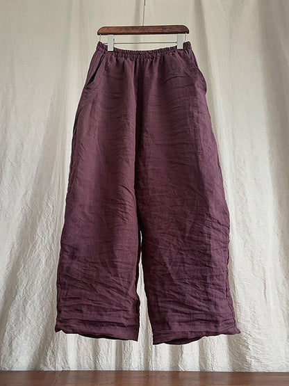 Plus Size Women Linen Pocket Elastic Waist Pure Color Pants