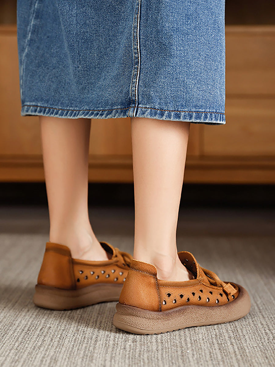 Women Summer Genuine Leather Hollow Out Flat Shoes