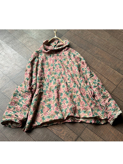 Women Autumn Artsy Turtleneck Floral Ramie Blouse
