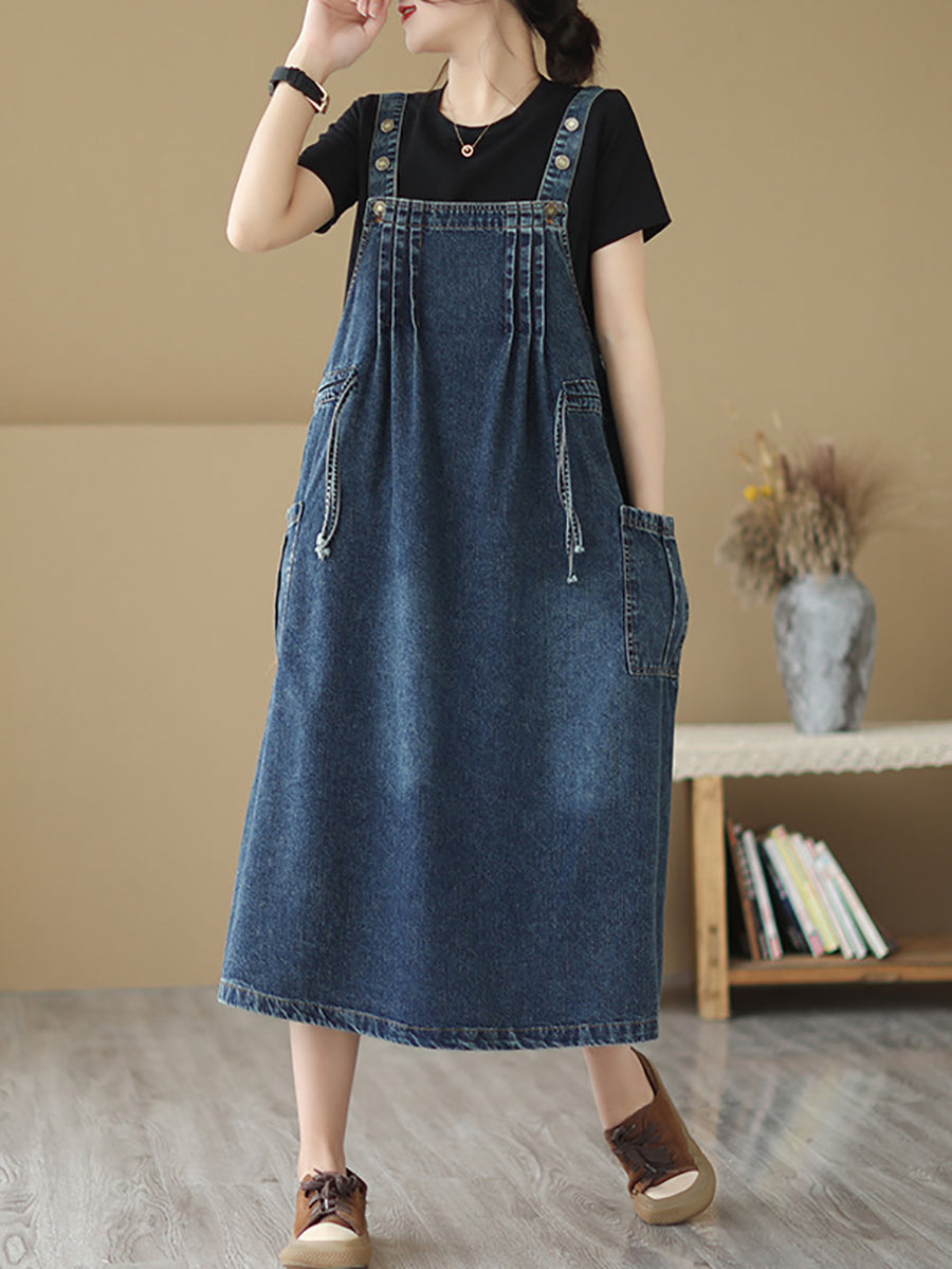 Plus Size Women Summer Retro Pleat Drawstring Pocket Denim Dress