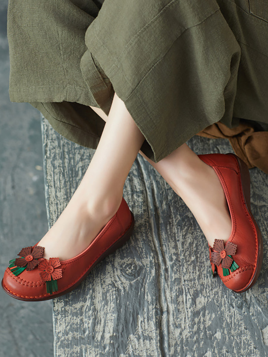 Women Spring Leather Flower Spliced Low Heel Shoes