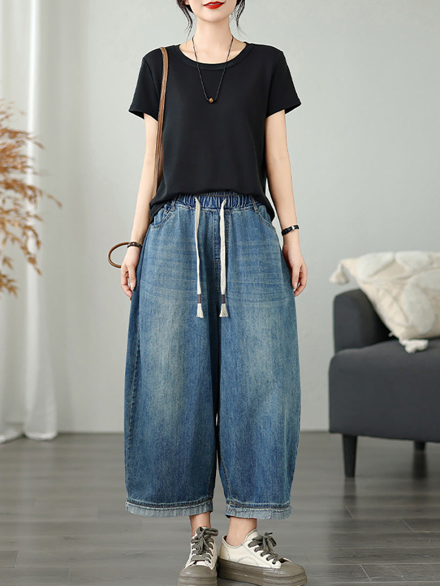 Women Casual Summer Pure Color Denim Wide-leg Pants
