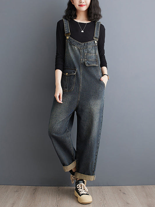 Women Summer Retro Pure Color Denim Long Jumpsuits