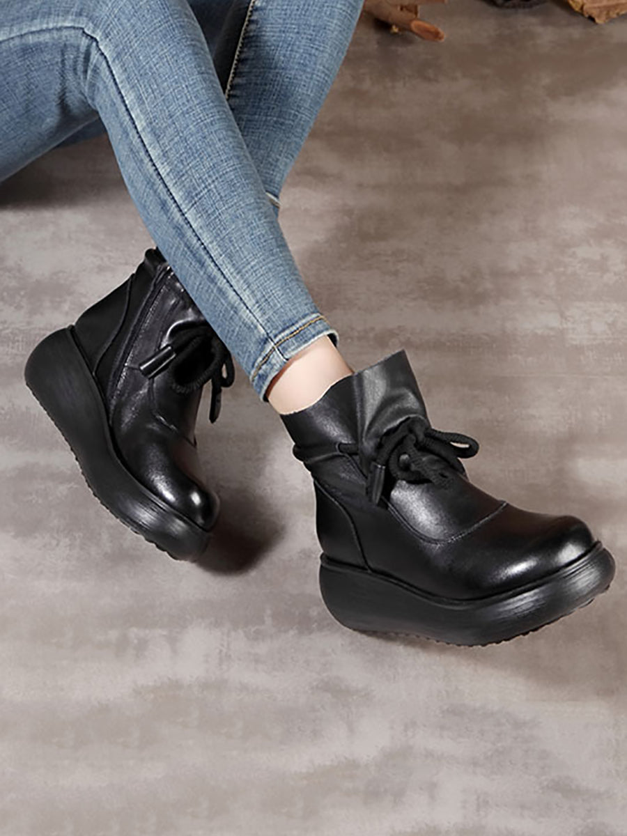 Women Vintage Winter Leather Spliced Platform Boots