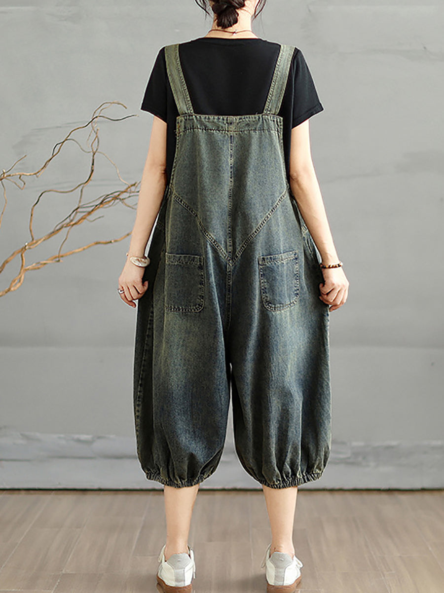 Women Summer Worn Pure Color Denim Cropped Jumpsuits