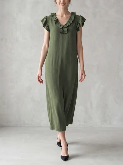 Loose Plus Size Pockets Ruffle Trim Solid Color V-Neck Maxi Dresses