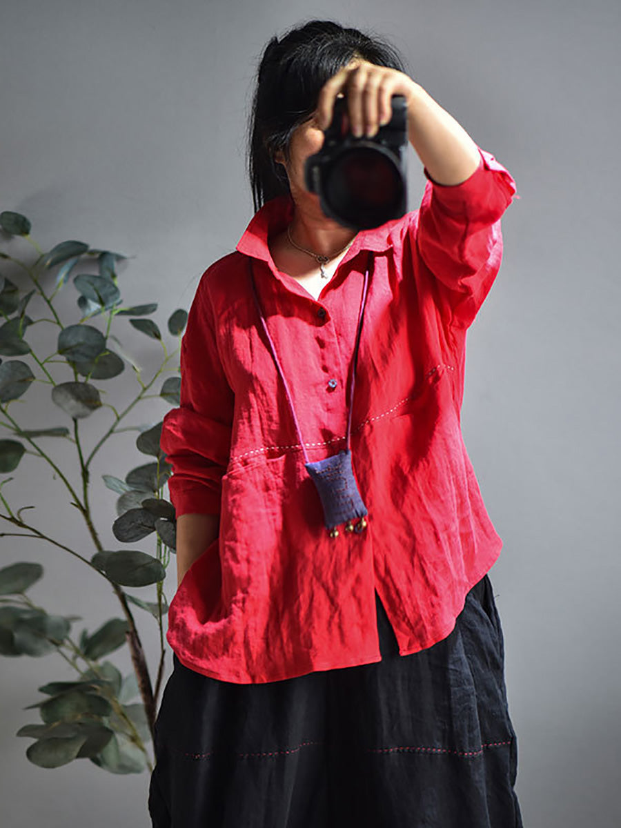 Plus Size Women Casual Solid Spring Stitching Linen Shirt