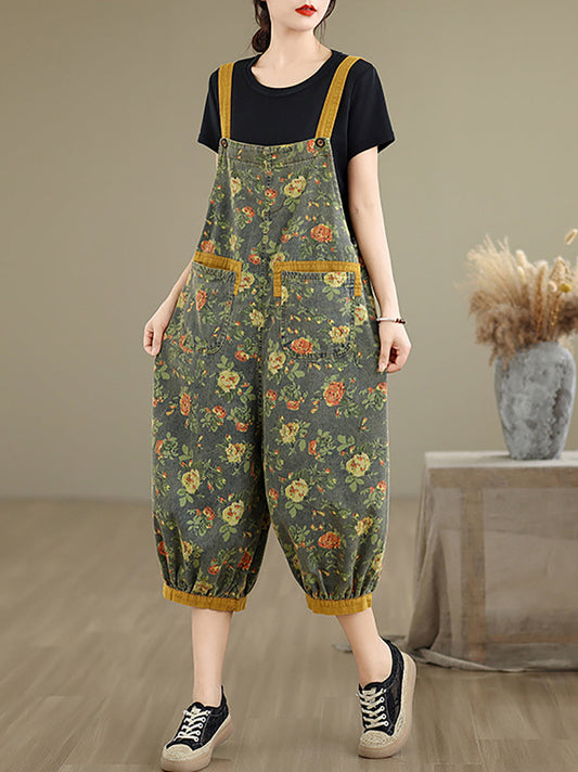 Women Summer Flower Denim Cropped Jumpsuits