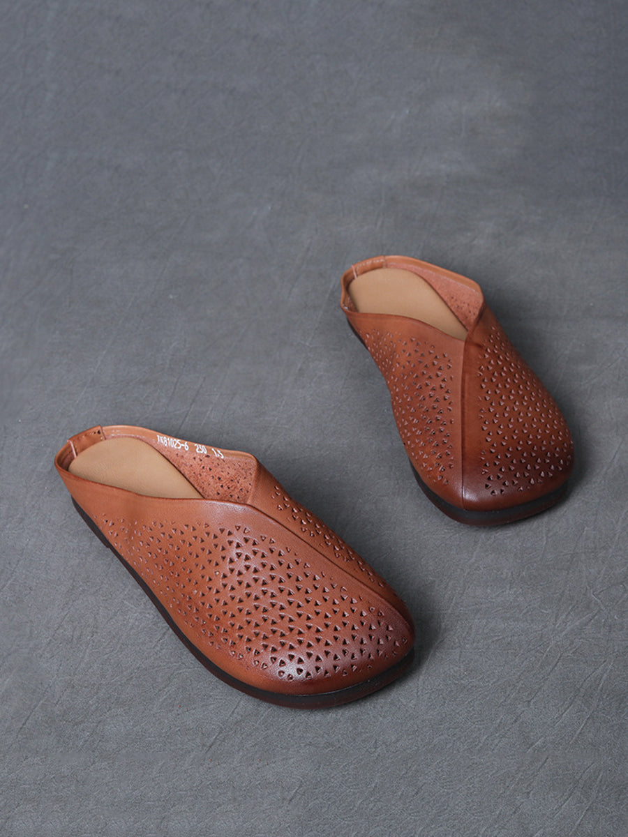Women Summer Vintage Hollow Out Leather Flat Slippers