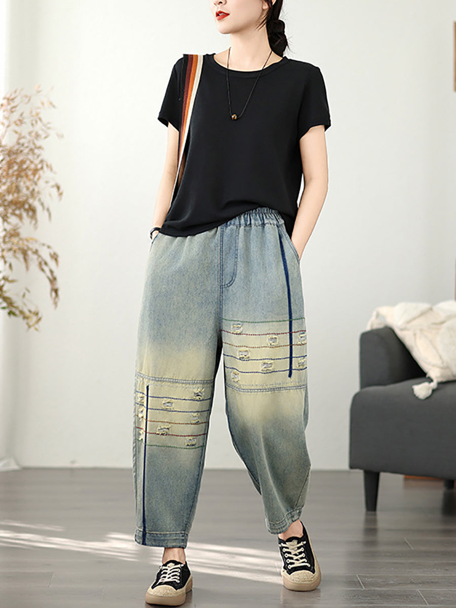 Women Retro Frayed Denim Harem Pants