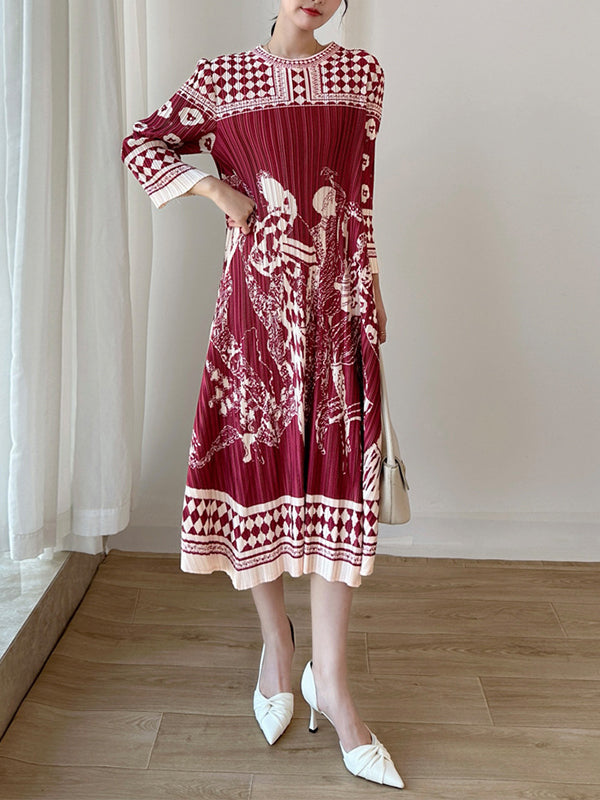A-Line Loose Pleated Printed Round-Neck Midi Dresses