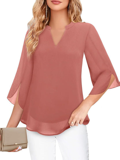 Half Sleeves Loose Solid Color V-Neck Blouses&Shirts Tops
