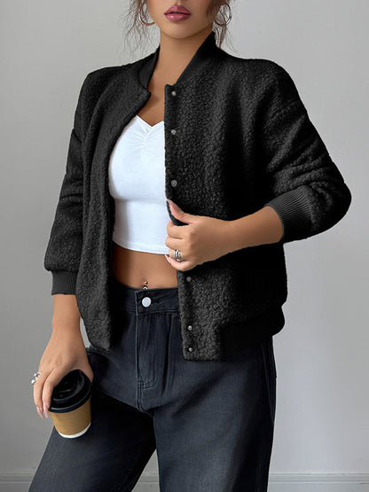 Long Sleeves Buttoned Elasticity Pockets Solid Color Collarless Jackets&Coats