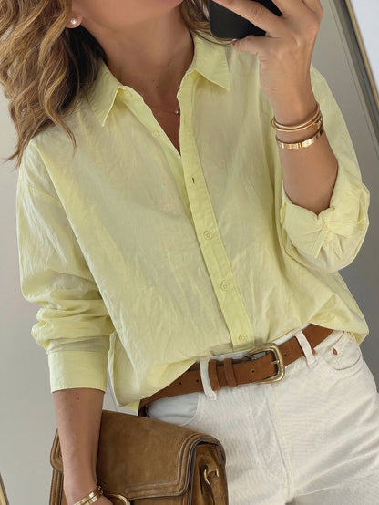 Solid Color Buttoned Loose Long Sleeves Lapel Blouses&shirts Tops