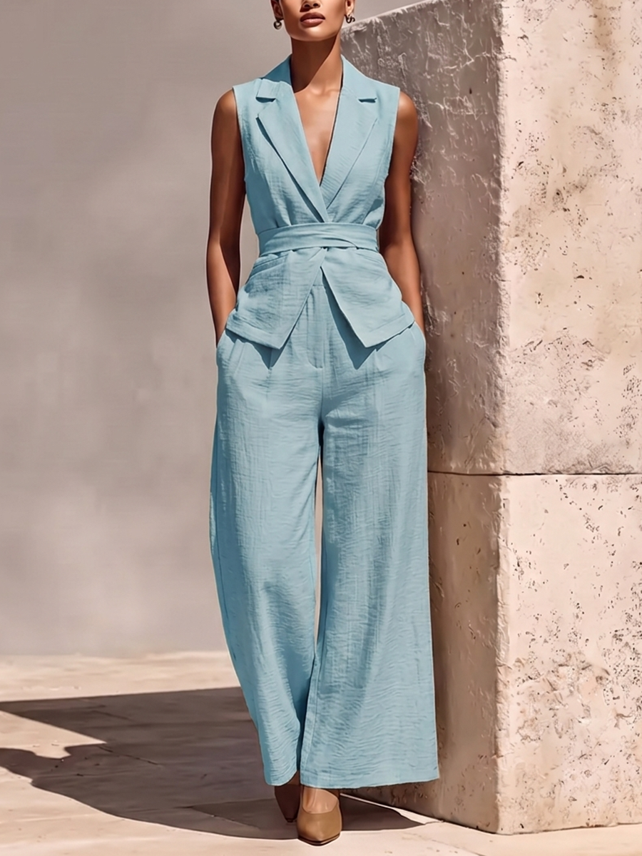 Solid Color Notched Collar Tied Sleeveless Vest Top + High Waisted Pockets Pants Trousers Two Pieces Set