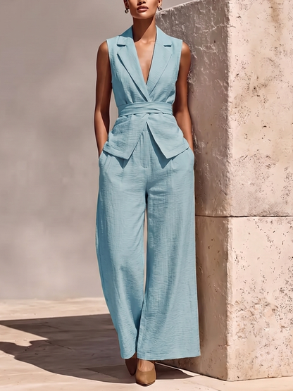 Solid Color Notched Collar Tied Sleeveless Vest Top + High Waisted Pockets Pants Trousers Two Pieces Set