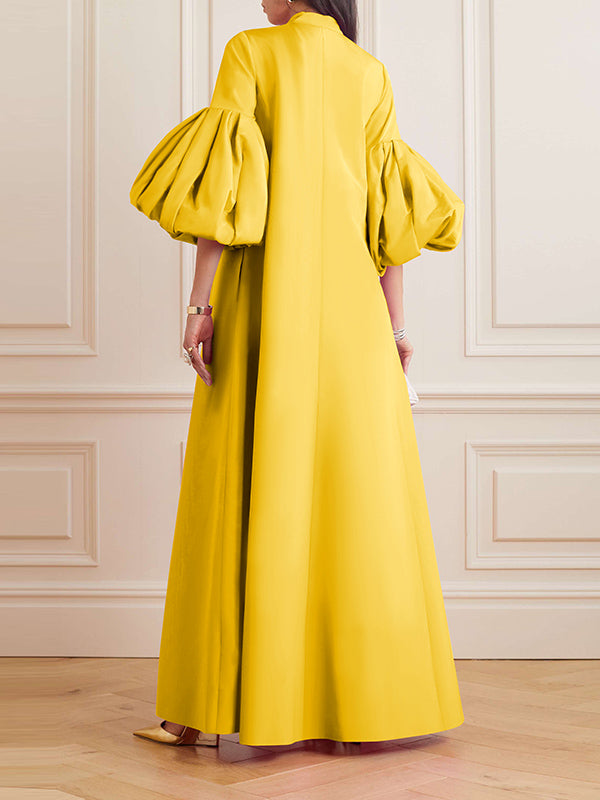 Loose Flower Shape Solid Color Stand Collar Lantern Sleeves Maxi Dresses