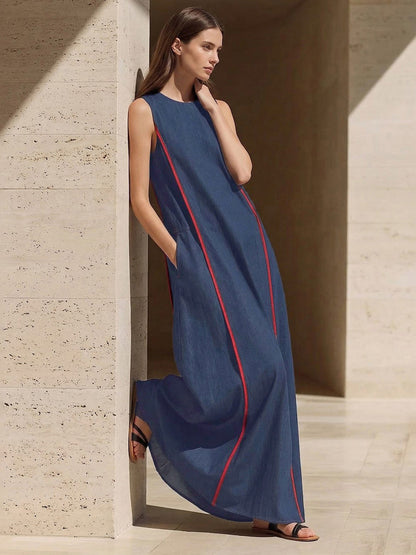 A-Line Loose Contrast Color Pockets Split-Joint Round-Neck Maxi Dresses
