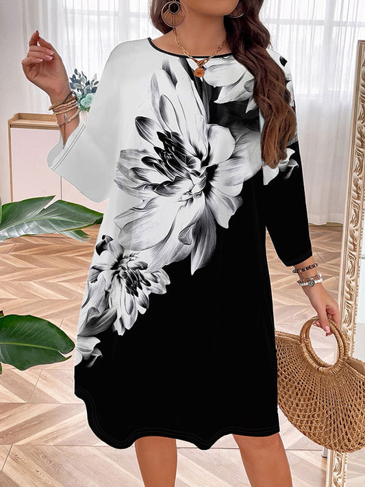 A-Line Long Sleeves Flower Print Split-Joint Round-Neck Midi Dresses