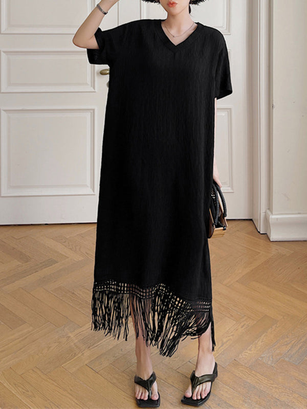 Loose Short Sleeves Solid Color Split-Joint Tasseled V-Neck Midi Dresses