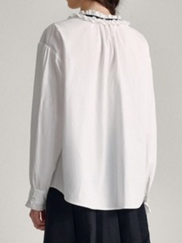 Long Sleeves Loose Ruffled Solid Color V-Neck Blouses&Shirts Tops