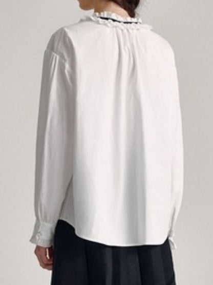 Long Sleeves Loose Ruffled Solid Color V-Neck Blouses&Shirts Tops