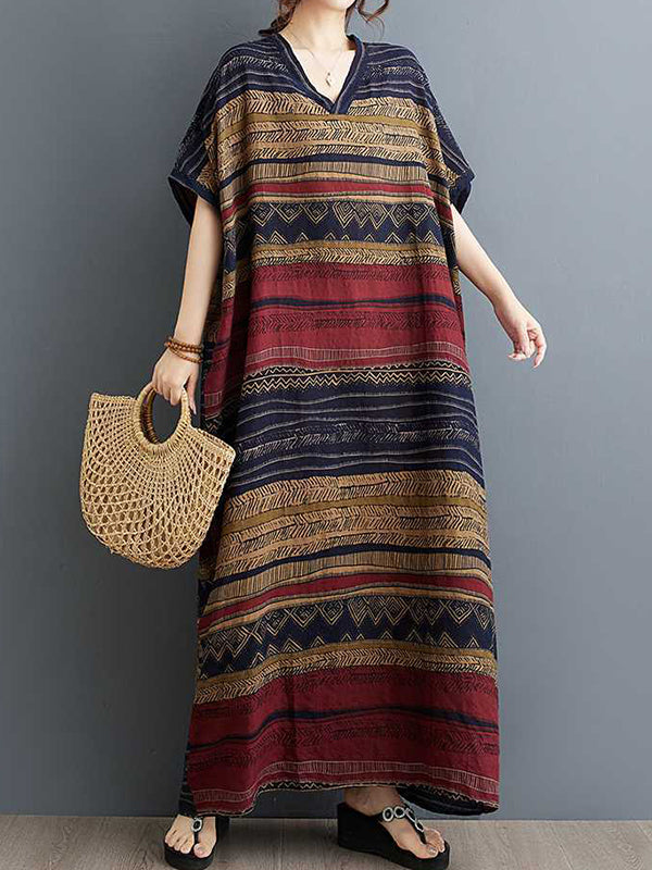 A-Line Batwing Sleeves Split-Joint Striped V-Neck Maxi Dresses