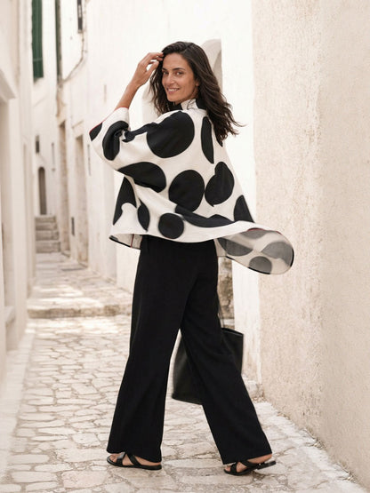 Polka-Dot Contrast Color Three-quarter Sleeves Loose Stand Collar Blouses&shirts Tops