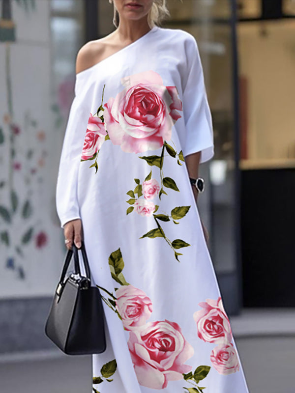 Loose Three-Quarter Sleeves Asymmetric Flower Print Pockets One-Shoulder Maxi Dresses