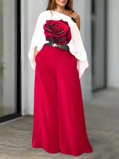 High Waisted Long Sleeves Asymmetric Elasticity Flower Print Pockets Solid Color One-Shoulder Two-Piece Sets