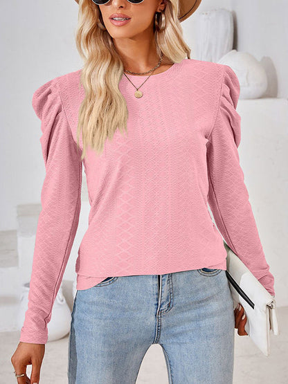 Long Sleeves Loose Pleated Solid Color Round-Neck T-Shirts Tops