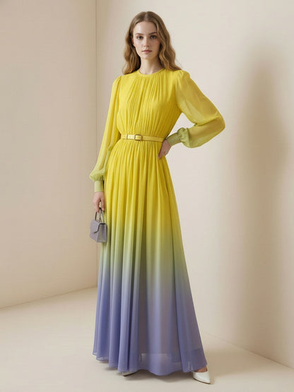 High Waisted Long Sleeves Belted Contrast Color Gradient Pleated Split-Joint Round-Neck Maxi Dresses