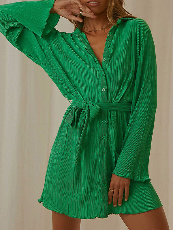 Long Sleeves Loose Buttoned Solid Color Tied Waist Lapel Mini Dresses