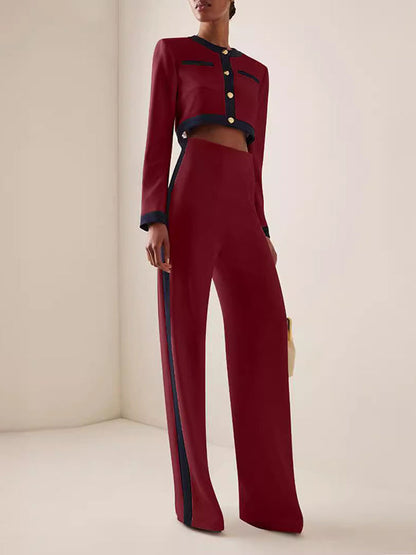 Long Sleeves Buttoned Split-Joint Round-Neck Blouses&Shirts Tops + High Waisted Pants Bottom Two Pieces Set