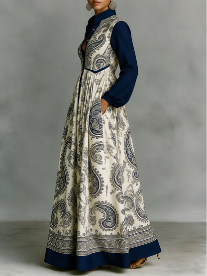 A-Line High Waisted Buttoned Contrast Color Pleated Pockets Printed Stand Collar Maxi Dresses