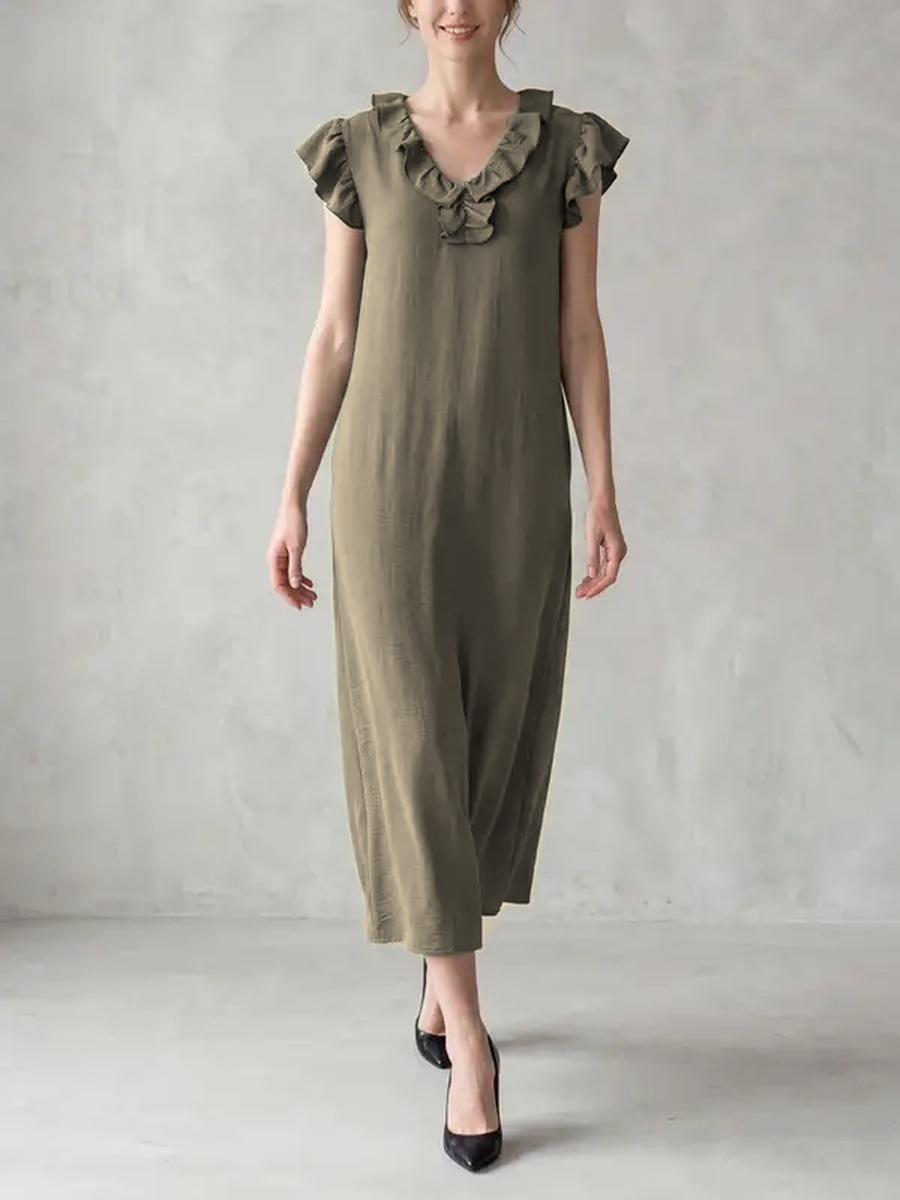 Loose Plus Size Pockets Ruffle Trim Solid Color V-Neck Maxi Dresses