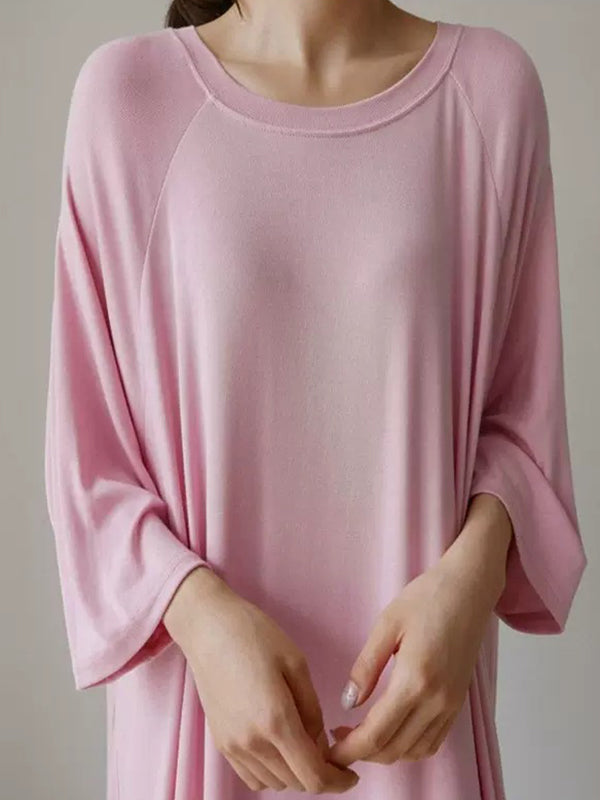 Loose Three-Quarter Sleeves Solid Color Round-Neck Maxi Dresses