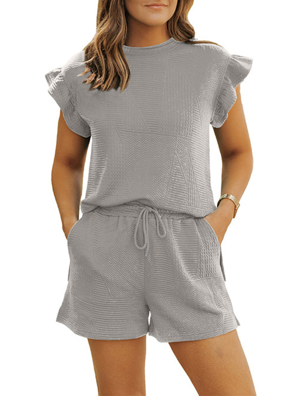 Loose Ruffle Sleeves Round-Neck Drawstring Pockets Solid Color Split-Joint Split-Side Two Pieces Set