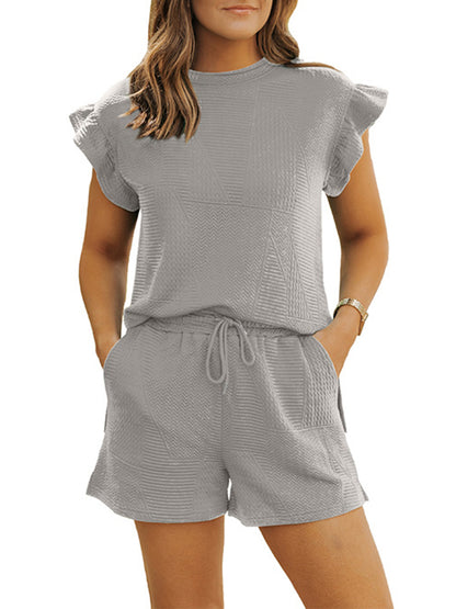 Loose Ruffle Sleeves Round-Neck Drawstring Pockets Solid Color Split-Joint Split-Side Two Pieces Set