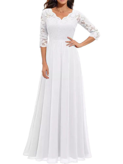A-Line High Waisted Pleated See-Through Solid Color Split-Joint V-Neck Maxi Dresses